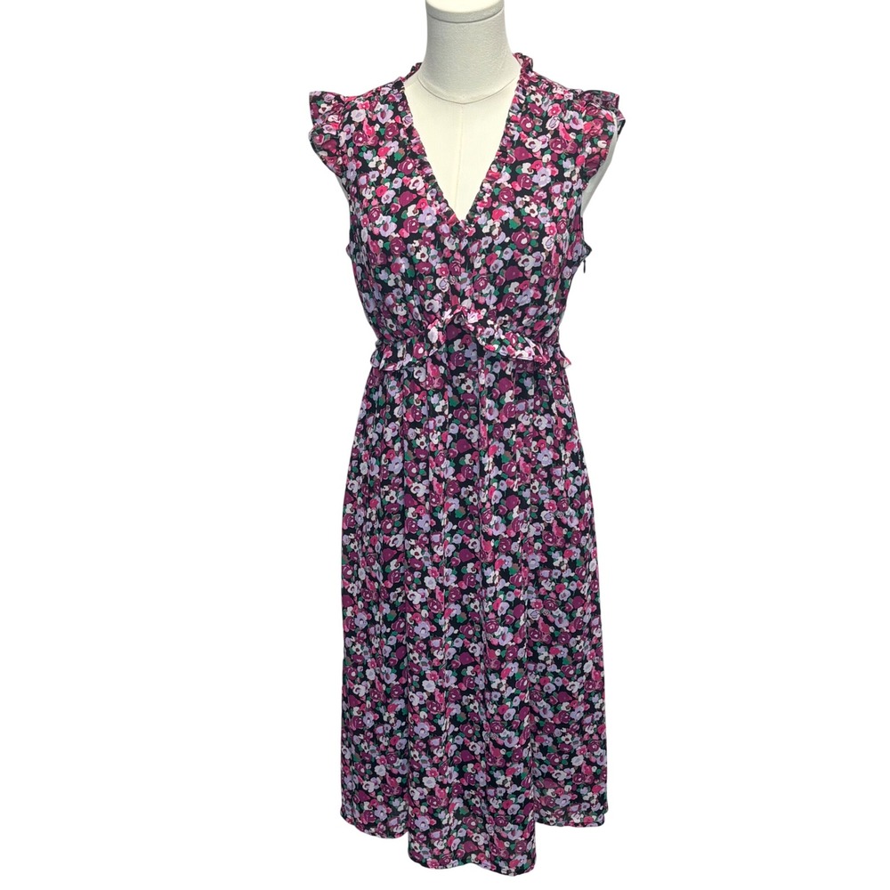 J Crew Floral Midi Dress Sz 4 Pink Purple Ruffles Sheer V-Neck Ditsy Cottagecore
